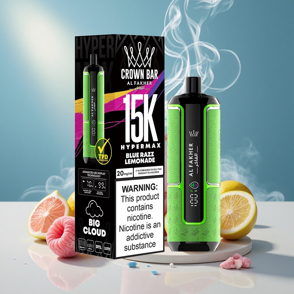 Al Fakher Crown Bar 15K Puffs Hypermax Ühekordne Vape Kit Sinised Vaarjad Sidrunimahl